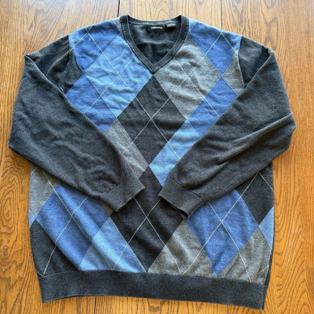 Set 2 Liz Claiborne Argyle Preppy Academy‎ Cotton Sweater Size Large Blue Black - Picture 6 of 13